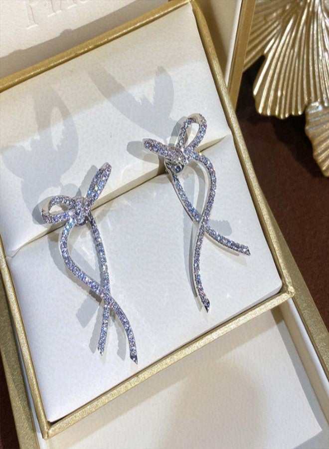 Eviarli Boho Bow Ear Jacket Earrings Crystal Bow Drop Earrings Silver Bow Stud Earrings Two Ways Front Back Earrings Jewelry for Women Gift - Image 3